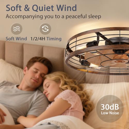 Image of VOLISUN 27.6'' Caged Ceiling Fan with Light and Remote,Rustic Low Profile Ceiling Fan with Light Flush Mount, Farmhouse Bladeless Fandelier Ceiling Fans with Lights for Kitchen,Bedroom-Gold
