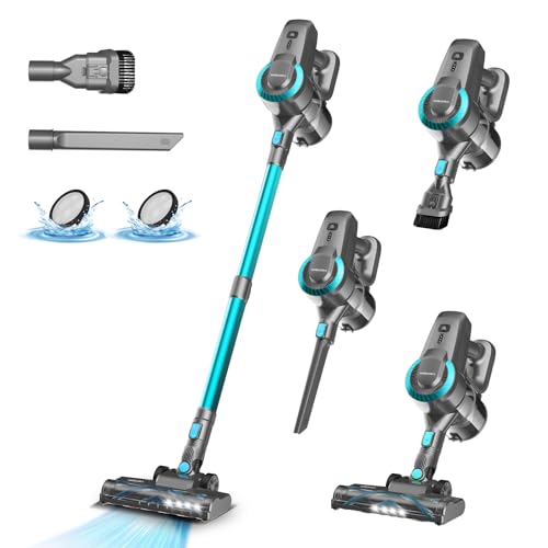 Akku Staubsauger, 25000Pa/175W/50Min Staubsauger Kabellos, Anti-Tangle-Bürste und Selbststehend,...