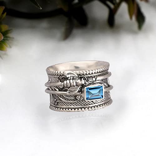 Solid 925 Sterling Silver Honey Bee Spinner Meditation Ring, Natural Blue Topaz Gemstone Unique Handcrafted November Birthstone Ring For Women/Men #TOP1