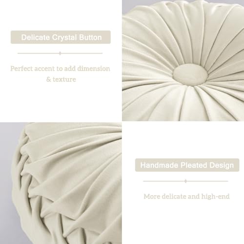 Image of HIG Set of 2 Decorative Round Pleated Throw Pillows,Classy Accent Pumpkin Throw Pillows with Center Button,Vintage Velvet Floor Pillows for Sofa Vanity Chair Bed, Beige,14.5 inch Diameter(Ripple)