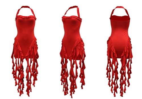 Ecirod Womens Summer Ruffle Fringe Mini Dress Sexy Halter Backless Cocktail Party Short Bodycon Tassel Dresses3