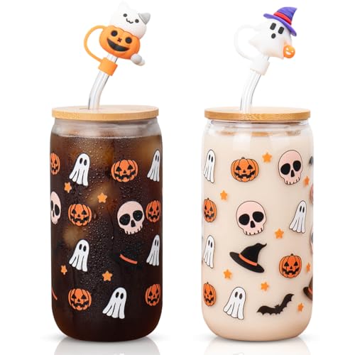 Halloween's Gift, Set Of 2 16 Oz Halloween Cups|Halloween Tumbler|Halloween Mug, Ghost Glass Cups With Lids And Straws, Iced Coffee Cups, Fall Gifts For Women, Halloween Ideas For Women, Men, Kid