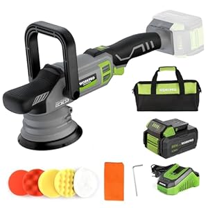 WORKPRO 20V accu polijstmachine, auto polijstmachine snoerloos met 7 snelheden (2000-5000 RPM), 1 x 4.0Ah accu, dubbele actie, met opbergtas, voor auto, vloeren, tegels