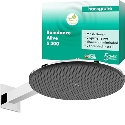 hansgrohe Raindance Alive S - wassersparende Kopfbrause (EcoSmart) mit Brausearm, Duschbrause (300 mm), Regendusche mit 2 Strahlarten für Wandmontage, Brausekopf mit Antikalk-Funktion, Chrom, 24541000