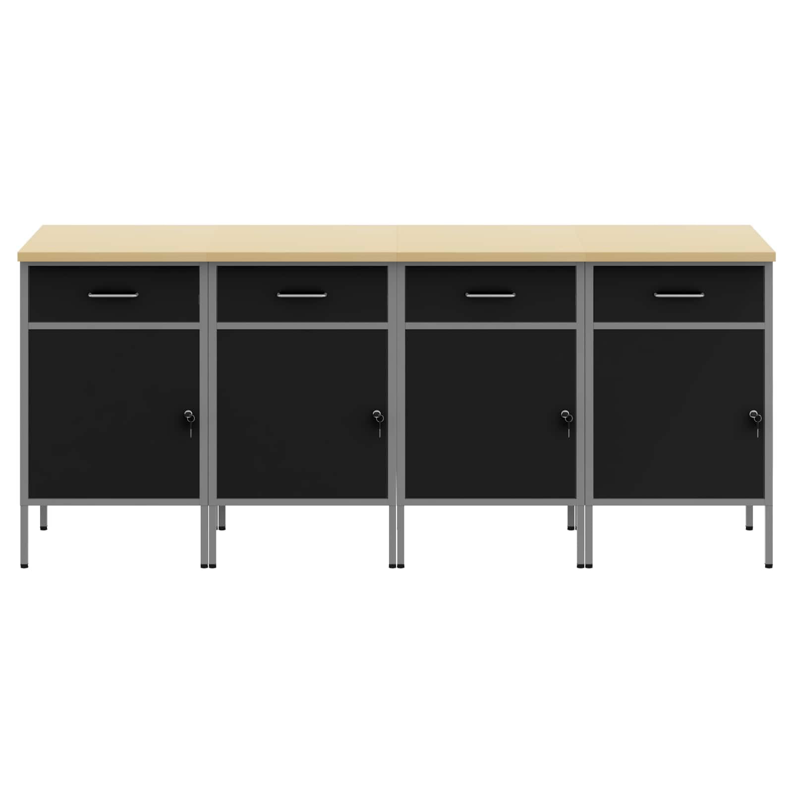 Banco da lavoro con cassetti, 4 pezzi, nero e grigio, 200 x 55 x 85 cm, armadio da officina in legno e acciaio, design industriale loft con ripiani e scomparti, contenitore robusto