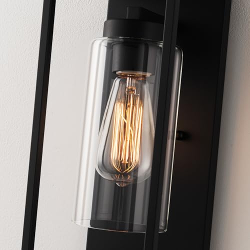 mirrea 14" Dusk to Dawn Outdoor Wall Sconce 1 Light in Cylinder Glass Shade and Matte Black Rectangular Metal Frame Waterproof Porch Light Patio Light Pack of 2 by mirrea - Used condition - Image 7