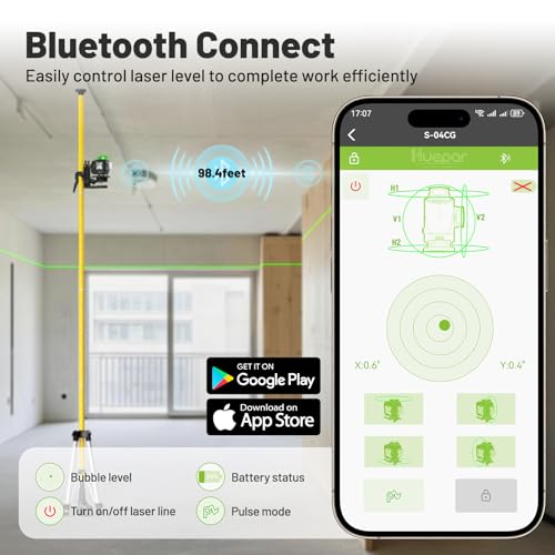 Huepar Laser Level 360 Self Leveling, 4x360° Green 4D Cross Line Laser with LCD Screen, Bluetooth Outdoor Pulse Mode Laser Tool for Construction -Remote Control, Li-ion Battery or 4 AA Batteries-S04CG