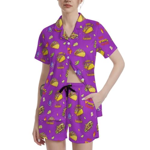 Image of Funny Pajamas for Women Set Print Satin Loungewear Pjs Short Sleeve Button Down Top and Shorts Sets Sleepwear XS-3XL