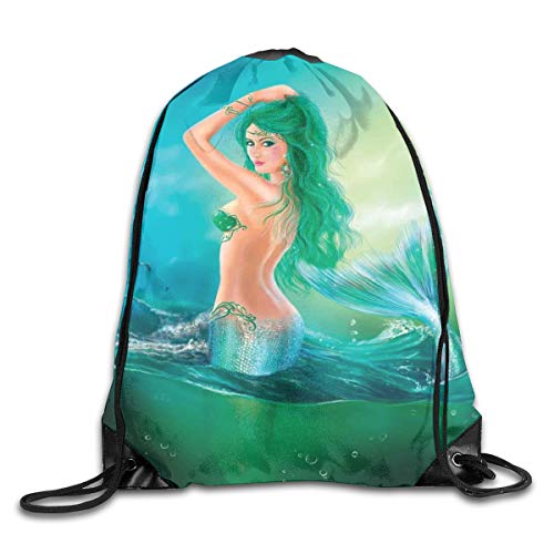 Drawstring Backpack Sports Gym Bag for Women Men, D2831 Mermaid In Ocean On Waves Tail Sea Creatures Dramatic Sky Dark Clouds