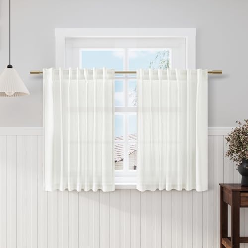 Image of Ivory Kitchen Cafe Curtains 45 Inch Length 2 Panel Set Back Tab Rod Pocket Semi Sheer Light Filtering Short Curtain Farmhosue Small Curtains for Basement Window Bathroom Living Room 52x45 Inches Long