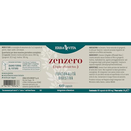 Erba Vita Integratore Alimentare Di Zenzero - 60 Capsule - Favorisce La Digestione E Limita La Nausea - 5