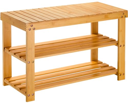 Pipishell 3 Tier Bamboo Shoe Rack Bench - Sturdy Shoe Organizer Holds up to 300lbs for Entryway, Bedroom, Living Room, Balcony