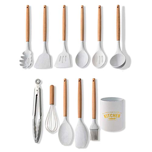 HENYGEN Juego de 11 utensilios de cocina de silicona de mármol con mango de madera, espátula, cuchara, cocina, utensilios de cocina de silicona, color azul con soporte