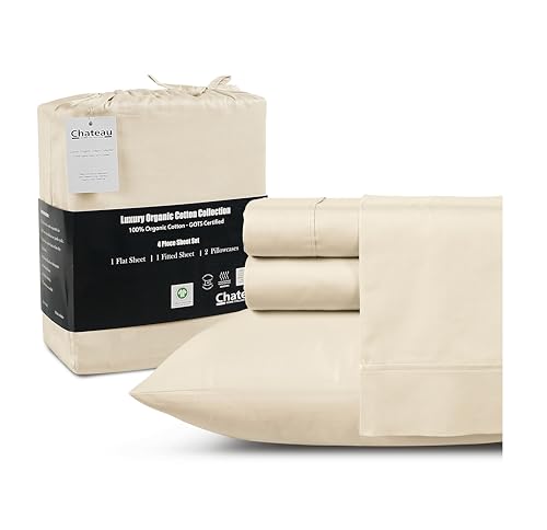 100% Organic Cotton Sheets For Twin Bed, 300TC Fully Elasticated Twin Fitted Sheet & Pillowcase Sets, Fade Resistant Soft & Comfy Deep Pocket Sheets Machine Washable,Naturally Cool & Breathable– Ivory
