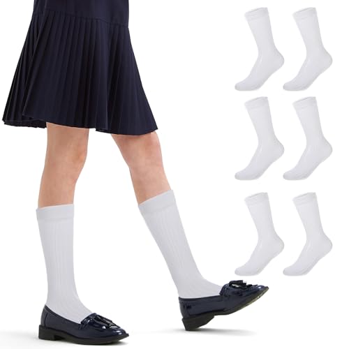 Girls Knee High Socks, 4 Pairs White Knee High Socks for Girls Knit Tall School Uniform Sock Long Seamless Dress Sock for Women Girl Boys Kids
