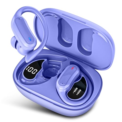 Image of TRAUSI Wireless Earbuds Bluetooth Headphones, Stereo Over Ear Buds with Noise Cancelling, LED Power Display Earphones wih Earhooks for Workouts Violet Purple