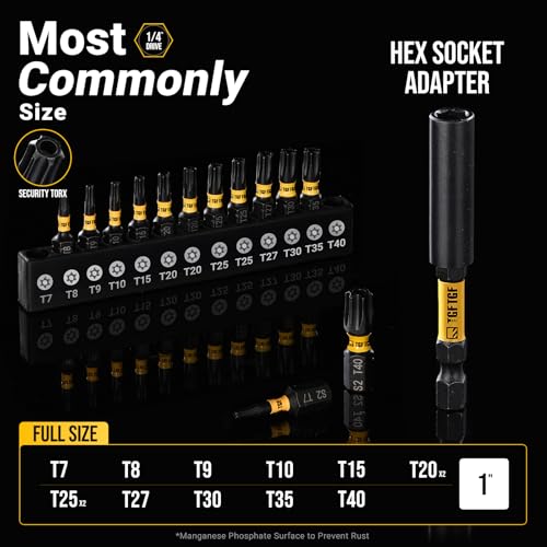 Image of TGFTGF Impact Torx Bit Set 14PCS (TT7-TT40), 1 inch S2 Steel Security Torx, Tamper Proof Torque Star Bit Set with Magnetic CNC Machined Tips, Impact Screwdriver Bits with Extension Bit Holder Storage Case
