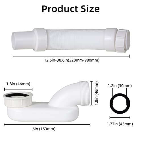 Flexibles, freistehendes Badewannen-Ablauf-Set, flaches Profil, P-förmiger Geruchsverschluss für Badewanne, Dusche, 3,8 cm Durchmesser