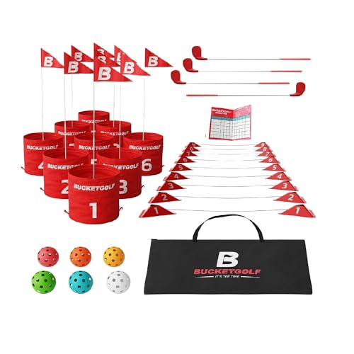 bucketgolf 9 Hole Bundle with Clubs - Outdoor Golf Game for All Ages, Adults, Kids, Family. Play Golf Anywhere, Yards, Beach, Park, Backyard. (4 Clubs (3 RH + 1 LH)) by bucketgolf - Used condition - US$214.77