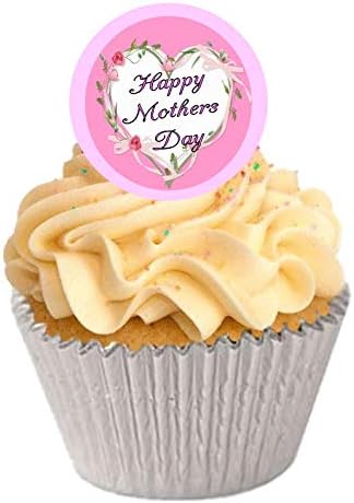 12 Large Pre Cut Pink White Happy Mothers Day Heart Edible Premium Disc Wafer Cupcake Decorations Toppers - by Kreative Cakes