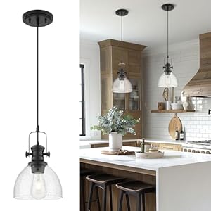 Black Pendant Lights Kitchen Island, 7.5″ Farmhouse Pendant Lighting with Clear Seeded Glass Shade, Vintage Hanging Light Fixtures for Dining Room, AD-22151-1P-BK