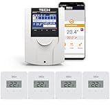 TECH Controllers - Funk Fußbodenheizungssteuerung für 4 Räume - Optional mit WLAN, Smartphone App und PC Programmieroberfläche - Inhalt: 4 Funk Wandthermostate und Funk Controller WLAN-fähig