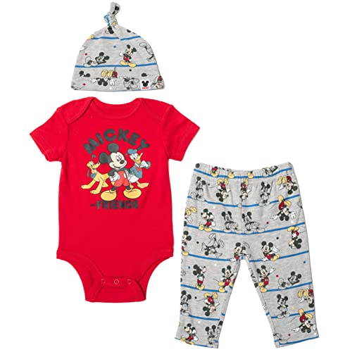 Image of Disney Mickey Mouse Pluto Donald Duck Baby Bodysuit Pants and Hat 3 Piece Outfit Set Newborn to Infant