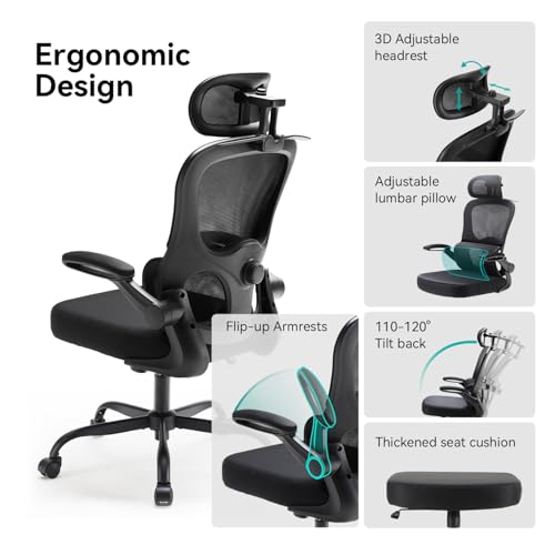 N56 Ergonomic Office Chair - Dual Backrest Design, Adjustable Lumbar Support, Thick Padded Seat, Flip-Up Armrests, Tilt Function - Ideal for Home Office, Gaming & Conference, Black - Image 6