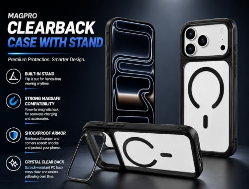 Image of MagPro ClearBack Case with Stand for Apple iPhone 17 Pro Max / 18 Pro Max Anti Yellow, Strong MagSafe Compatible Cover, Shockproof Armor, Scratch Resistant PC Hard Back Soft TPU Bumper Black