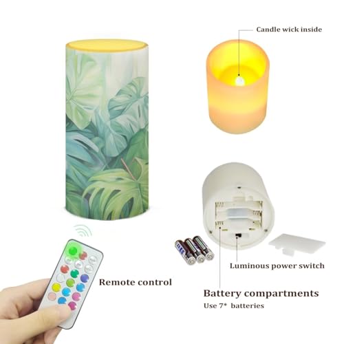 Image of LED Flickering Candles Battery Operated Candles with Remote Control Timer Flickering Wick Pillar Candles Home Bedroom Bathroom Outdoor Indoor Decoration, Green Monstera Leaf