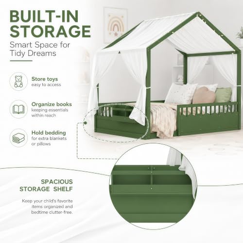 Image of Bellemave Full House BedFrame with Canopy, Montessori House Bed with LED and Bookshelf and Rails for Kids, Green