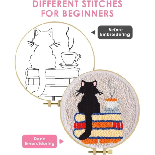 Image of Punch Needle Kit for Beginners Adults-Cat Coffee, with Embroidery Hoop