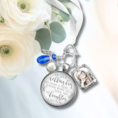 Image of Bouquet Photo Charm Wedding Memory Something Blue Angel - I Know You'd Be Here If Heaven Honor Love One, Silver Finish Handmade Bridal Jewelry White Glass Pendant 2 Frames Gift Message & Box for Bride