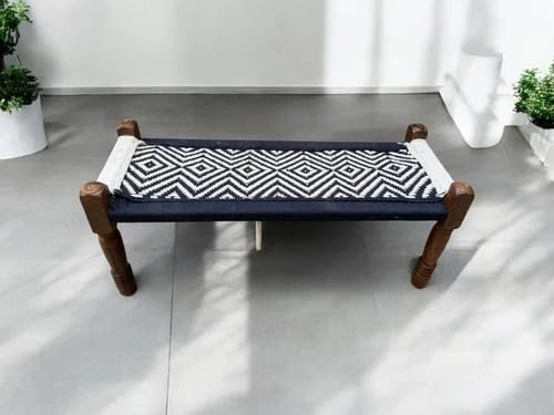 Image of Handwoven Wooden Bench | Traditional Rope Charpai Stool | Solid Wood Frame Seating for Living Room, Balcony & Outdoor | Durable & Stylish Design (Black & White Finish)