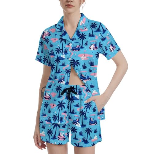 Image of Funny Pajamas for Women Set Print Satin Loungewear Pjs Short Sleeve Button Down Top and Shorts Sets Sleepwear XS-3XL