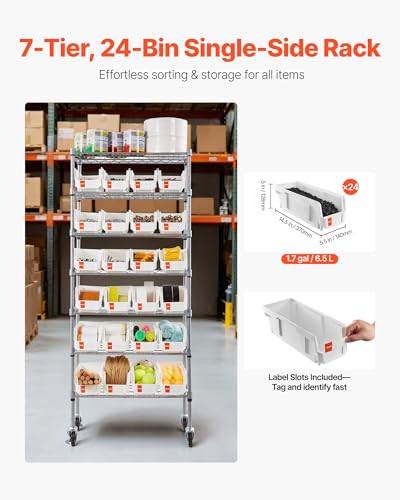 Image of VEVOR 7-Tier Rolling Bin Storage Rack, 24 Small Bins, Bin Rack Storage Steel Wire Shelving System with Wheels, Mobile Tool Organizer for Garage, Warehouse, Office, Restaurant, Classroom, Kitchen