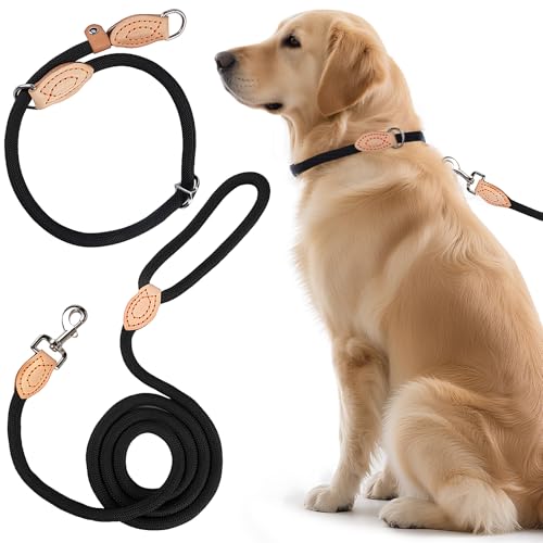 2 STK Freestyle Dressurhalsung Set, Zugstopp Halsband und Hundeleine Set,1.4 cm Retriever Halsband Hundeleine,Robustem Nylon Trainingshalsband Hund, Lederimitat mit Metallring