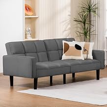 COMHOMA 76 inch Futon Sofa Bed, Mid Century Modern Futon Couch with Adjustable Backrest, Fabric Convertible Sofa Cama, Folding Sleeper Sofa for Living Room, Bedroom, Dark Gray