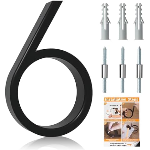 Briout 5" Modern House Numbers for Outside, Address Numbers for House with Nail Kits, Zinc Alloy Exterior House Numbers for Home Door Garden Street, High Gloss Black (6) Cover