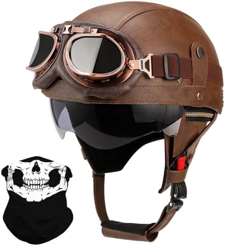 German Style Leather Motorcycle Half Helmet for Adults Men Women, DOT Approved Vintage Cap Half Face Shell Motorcycle Helmets for Cruiser Chopper+Goggles(Brown,‎Large)