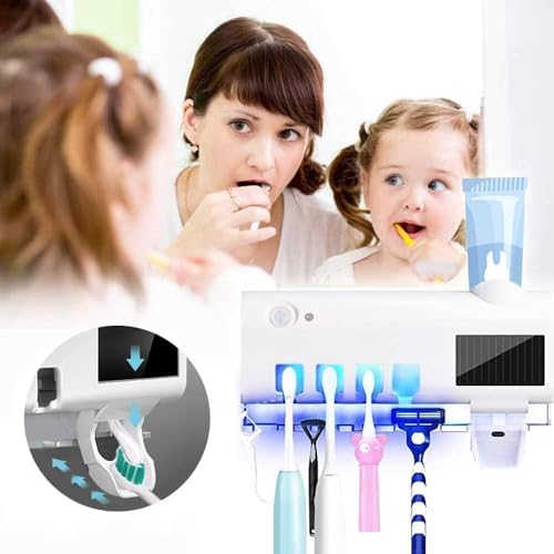 Image of UV Toothbrush Holder with Toothpaste Dispenser - Wall Mounted, 2 Compartments, Automatic Sterilizer, White