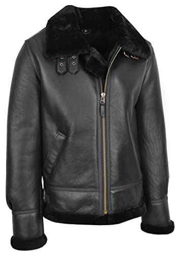 Blouson aviateur en cuir de mouton véritable pour homme B3 Noir de route