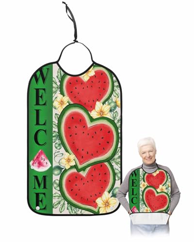 LEOKOTI Summer Watermelon Adult Bibs for Eating, Waterproof Bibs with Food Catcher & Adjustable Snap Closure, Red Green Love Heart Flowers Washable Clothing Protectors Adult Bibs for Elderly Women/Men