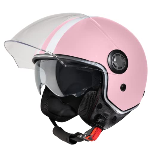 VINZ Parchi Jethelm mit Doppelvisier | Roller Helm Fashionhelm mit Streifen | In Gr. XS-XXL | Jet Helm mit Sonnenblende | ECE 22.06 Zertifiziert | Motorradhelm mit Visier - Rosa