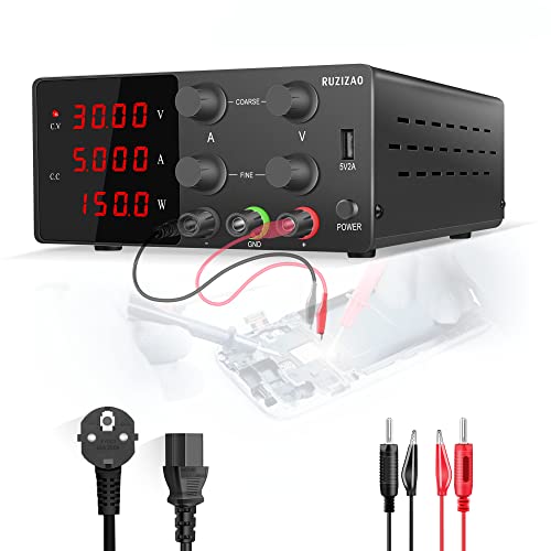 RUZIZAO Banc d'alimentation variable : 30 V 5 A Commutation réglable Régulée Haute précision Affichage LED 4 chiffres 5 V/2 A Port USB Sortie & Entrée Cordon d'alimentation DC Cover