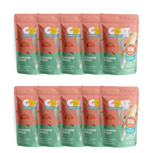 Image of GOAT Life Overnight Oats | 20g Protein | High Fibre | Nutrient-Rich | No Sugar | Gluten-Free & Vegan | Supports Weight Management & Muscle Recovery | Instant Breakfast (Almond Kulfi, Pack of 10)
