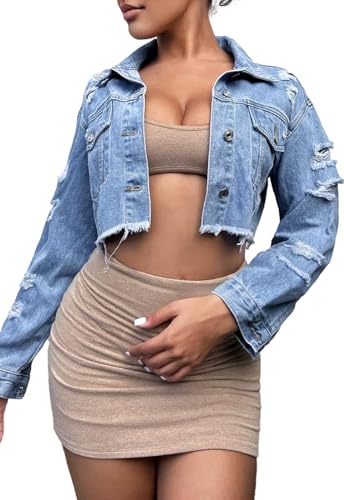 Short Jean Jacket Women's Ripped and frayed Casual Jean Jacket Women's Denim Tops