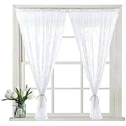 Cortinas De Crochet Y Tela KYSUN 2Pcs Cortinas de Encaje Floral Blanco, Cortinas de Encaje Traslúcidas para Dormitorio, Vintage Cortina de Ventana Faja para Cortina para Salón Dormitorio Boda Decoración 145 * 200cm