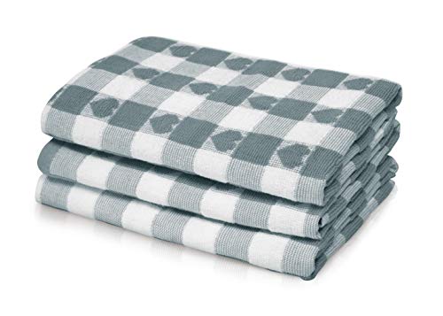 La Maison Pack of 3 Hearts Check Woven Tea Towel Large Super Absorbent 100% Cotton Kitchen Towels (Grey)
