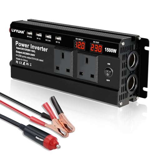 LVYUAN 1500W Power Inverter 12V to 240V AC Car Converter with 3.1A 4 USB 2 AC Sockets Dual Car Adapter With 2 LED Display - Black